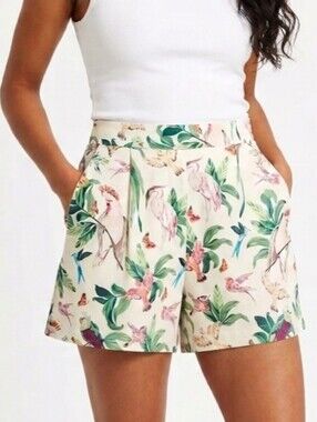 Ann Taylor Cream Tropical Bird Print High-Waist Shorts Like New Size 2